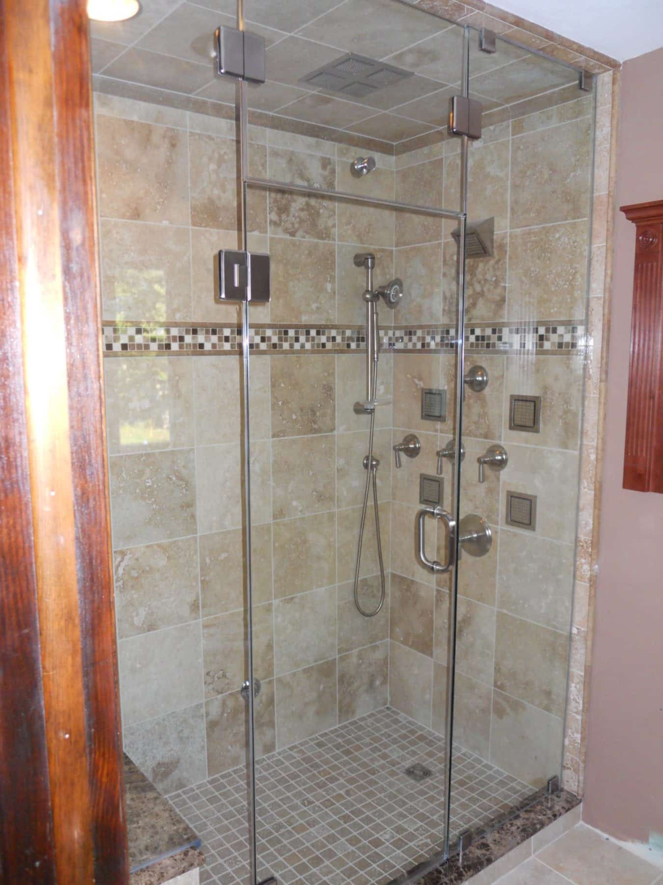 Frameless Shower Steam Enclosure With Transom Panel And Bench Seat ...